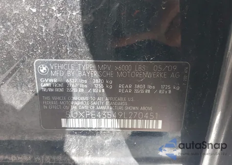 2009 BMW X5 xDrive30I from USA, damaged, VIN 5UXFE43549L270451